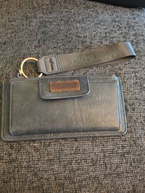 Wrangler Gray Leather Wristlet with Brown Logo Patch